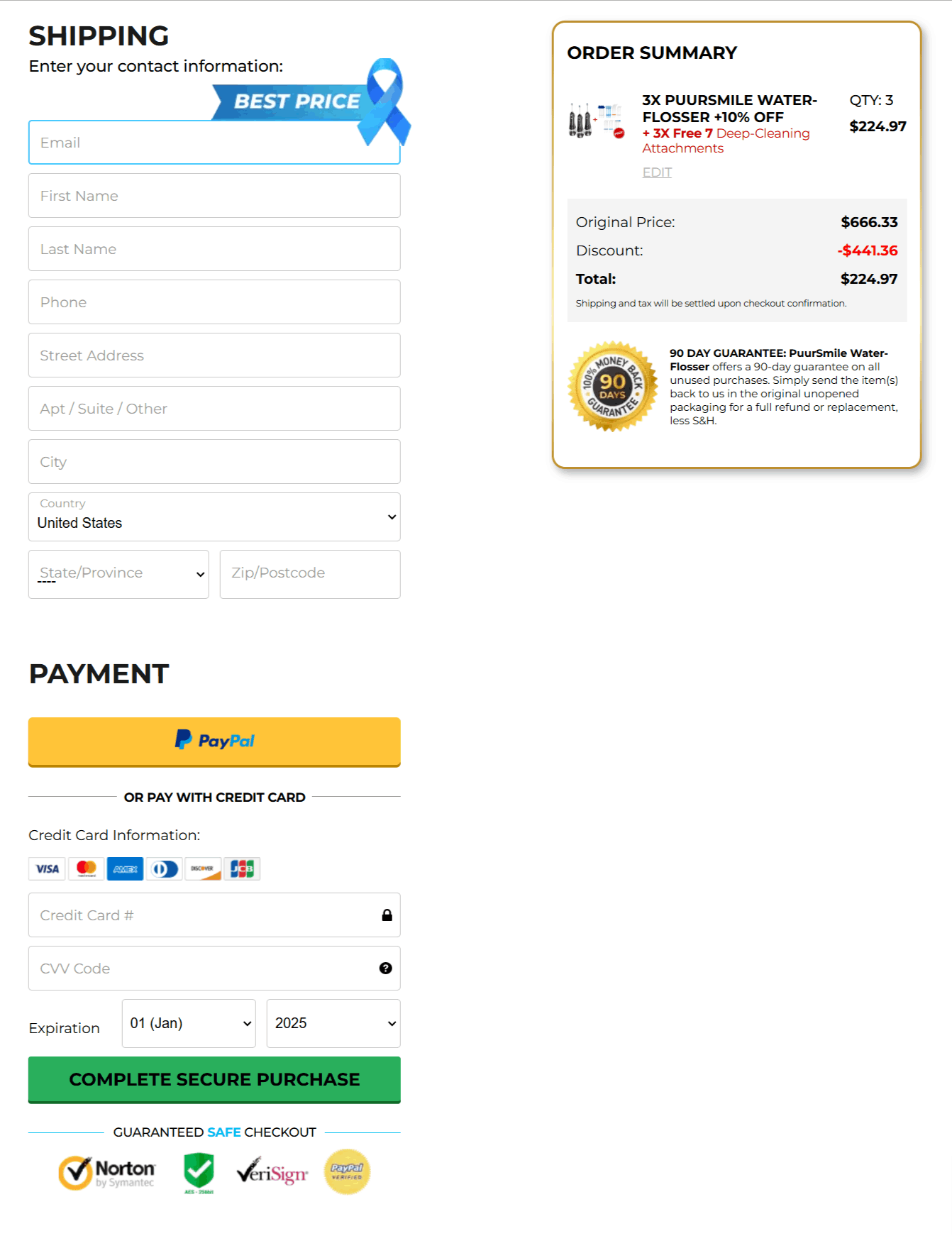 PuurSmile Water Flosser checkout page